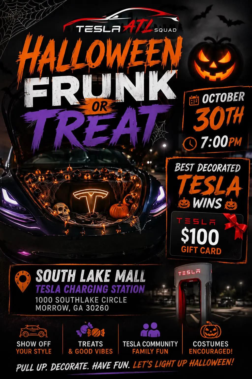 Halloween Frunk or Treat flyer: Tesla ATL Squad, October 30 at 7 PM, Southlake Mall Tesla charging station, Morrow, GA