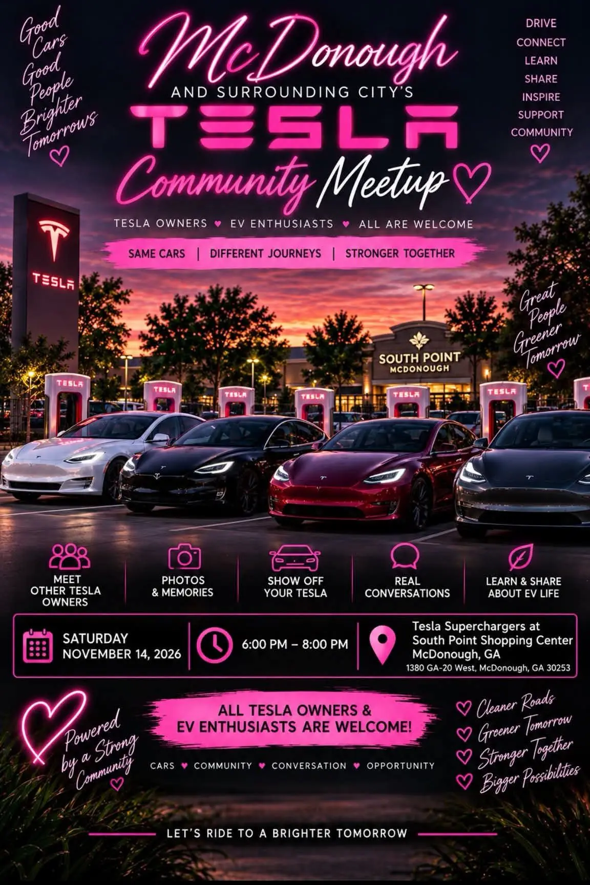 Flyer for the McDonough and Surrounding Cities Tesla Community Meetup: Saturday, November 14, 2026, 6:00 to 8:00 PM at the Tesla Superchargers at South Point Shopping Center, 1380 GA-20 West, McDonough, GA 30253.