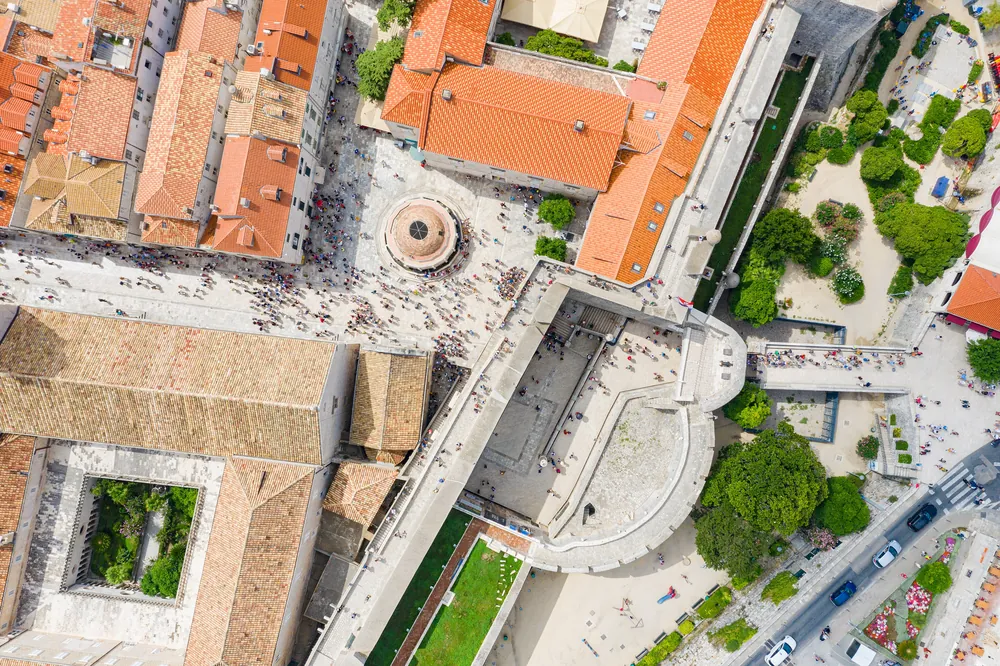 Aerial view of Pile Gate and the terracotta rooftops of the Old Town in Dubrovnik, Croatia