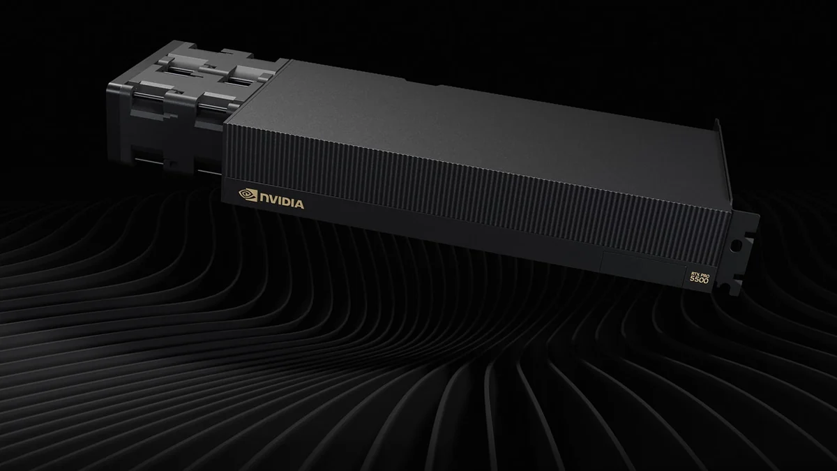 NVIDIA RTX PRO 5500 Blackwell workstation graphics card on a black background