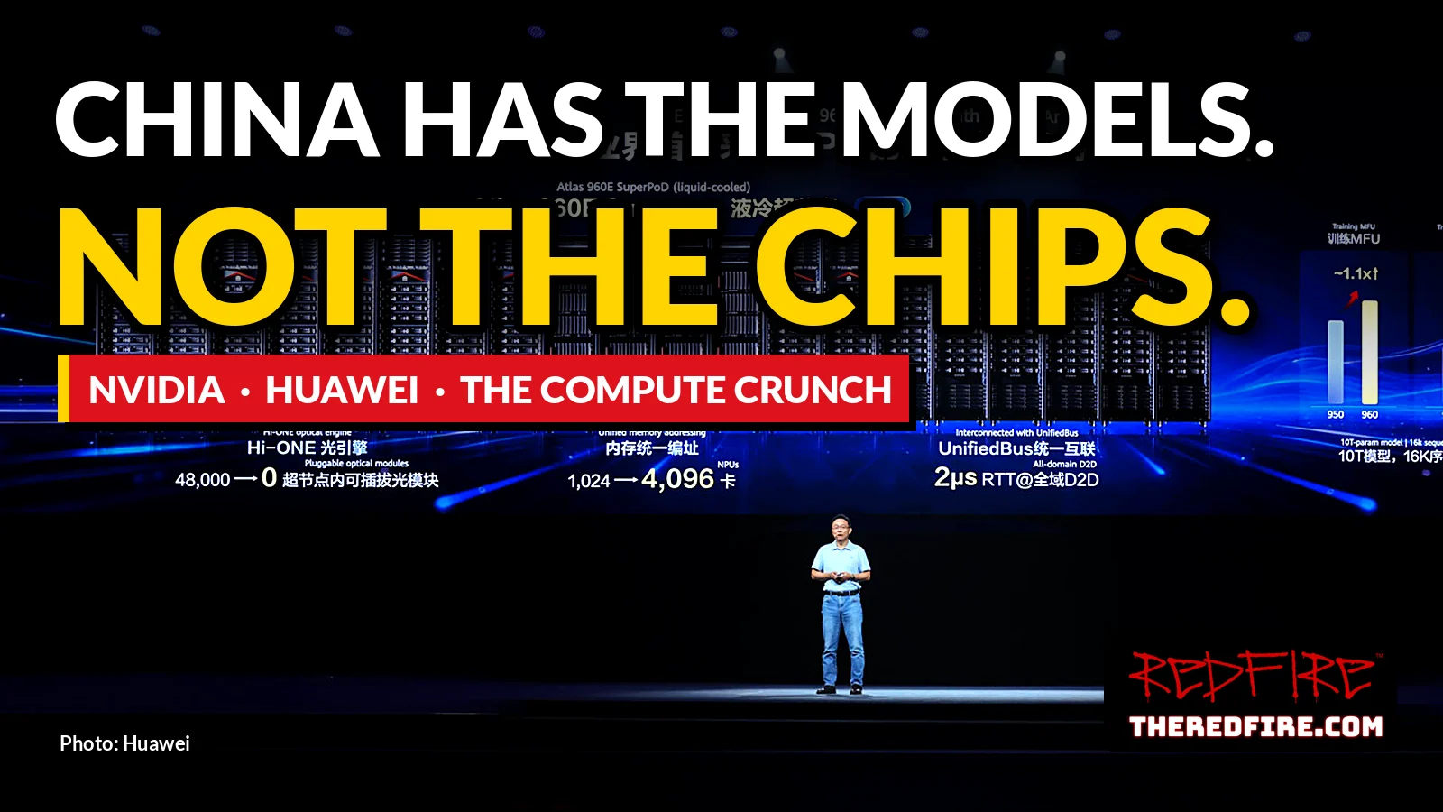 Huawei rotating chairman David Wang on stage at Huawei Connect 2026 in front of Atlas 960E SuperPoD racks, with the headline China Has the Models. Not the Chips.