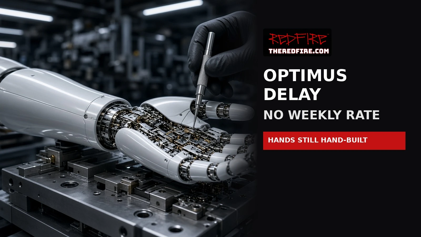 A gloved hand uses a screwdriver on a white robot hand and forearm on a factory fixture, with the headline “Optimus Delay, No Weekly Rate” and a red bar reading “Hands Still Hand-Built.”