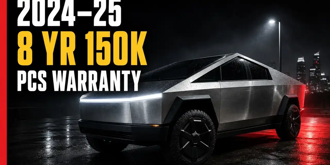 Futuristic truck with warranty details displayed.