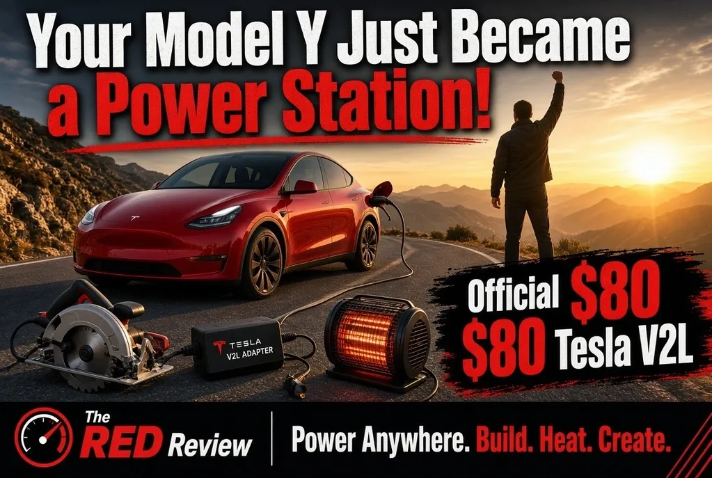 Red Tesla Model Y with power accessories.