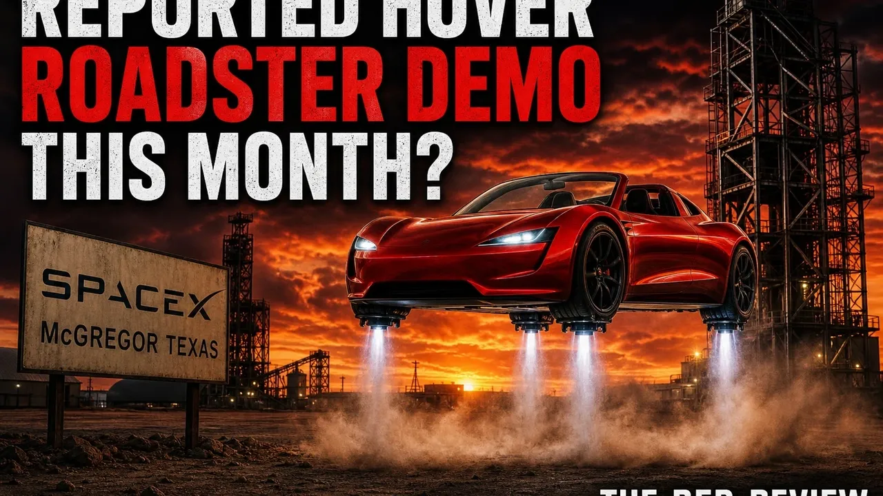 Hovering red roadster with SpaceX sign.