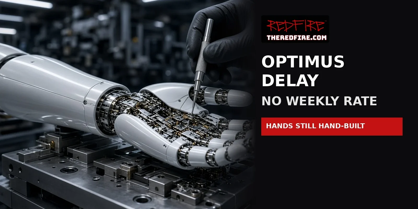 A gloved hand uses a screwdriver on a white robot hand and forearm on a factory fixture, with the headline “Optimus Delay, No Weekly Rate” and a red bar reading “Hands Still Hand-Built.”