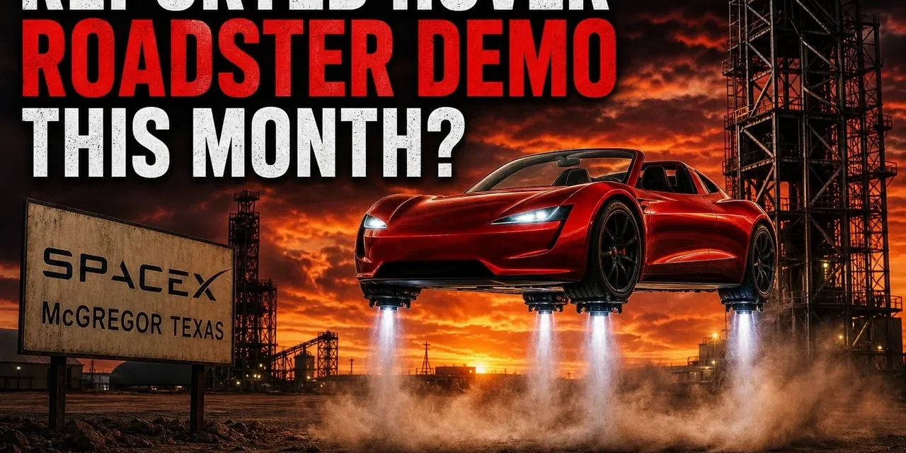Hovering red roadster with SpaceX sign.